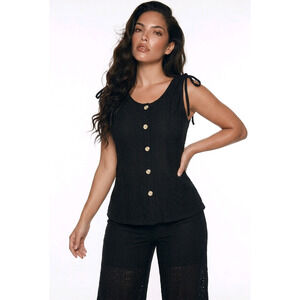 Women's Eyelet Tunic Top Tie Shoulder Polyester Boho Black Size M